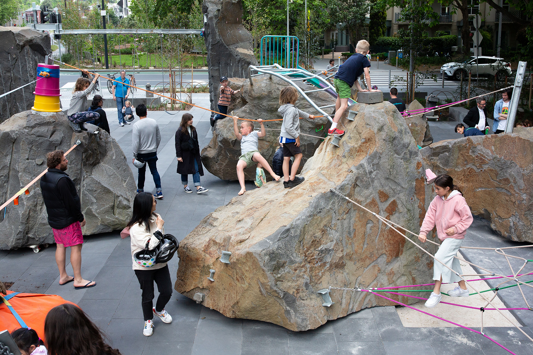 The playground’s whimsical elements have been carefully designed and constructed to ensure safety while enhancing the perception of risk-taking among young parkgoers. (Image courtesy of Andrew Hewson)